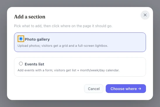 The Add a section dialog: Photo gallery or Events list