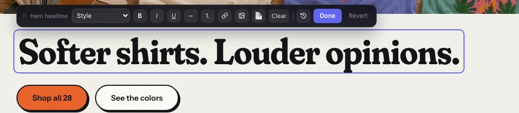 A heading being typed in, with a dark toolbar above it: Style, bold, italic, underline, lists, link, picture, Clear, Done, Revert